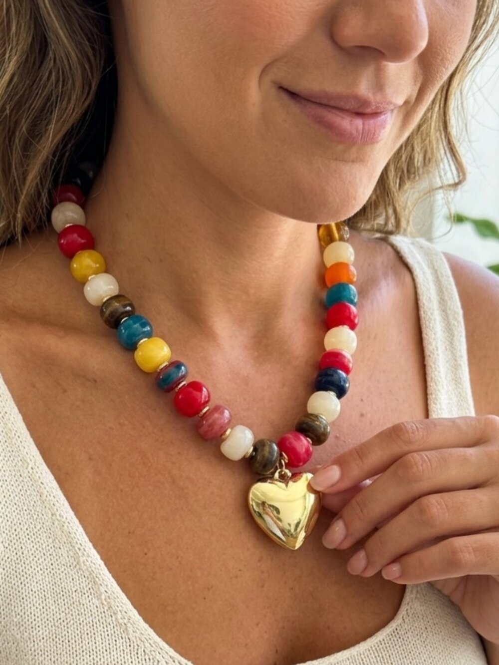 Statement Chunky Multicolor Beaded Heart Pendant Necklace Gold Accent